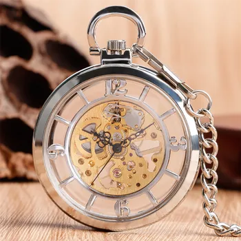 Vintage Elegante Prata Mecânica Relógio De Bolso Transparente Algarismos Arábicos Exibir Pingente Mão De Mecanismo De Enrolamento Do Bolso Relógio