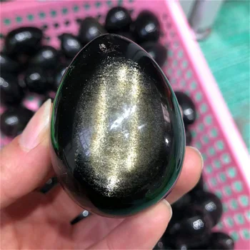 Atacado a natureza de obsidiana preta ovo de artesanato de cristal palma de pedra de ouro obsidiana ovos de cura para o presente decoração