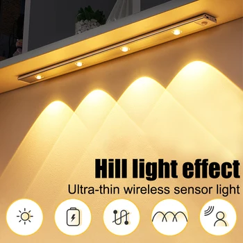 Sensor de movimento sem Fio Ultra Fino de Luz do USB de LED Recarregável o Refrigerador de Vinho Lâmpada Armário de Cozinha guarda-Roupa Iluminação interna
