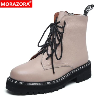 MORAZORA 2022 Genuíno, botas de couro de mulheres sapatos de sola grossa lace up outono inverno curto, ankle boots para as mulheres de motos botas