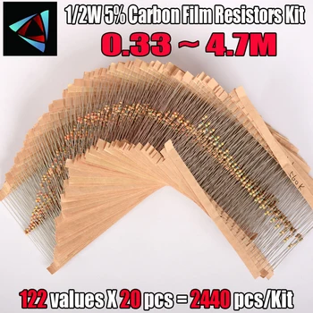 2440Pcs 122Values 0.33-4,7 M Ohm 1/2W 5% de Resistores de Filme de Carbono Variedade Kit de Componentes Eletrônicos