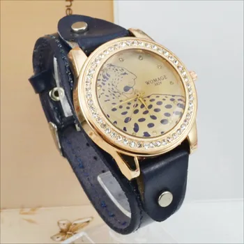 Relógio Womage Moda Vintage Mulheres Relógios Leopard Relógios De Cristal Mulheres Relógios Pulseira De Couro De Quartzo Relógio De Pulso Reloj Mujer