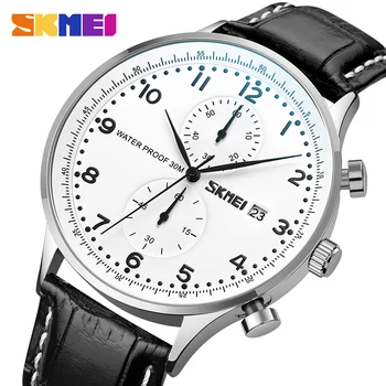SKMEI Simples Japão Movimento de Quartzo Cronómetro de Relógios Para Homens de Negócios Cinto de Couro, Data do Relógio de Pulso Masculino Relógio relógio masculino